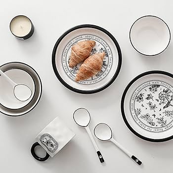 Amazon.co.jp: 1人食セット 白黒花柄 食器セット 碗 お皿セット